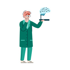 Cartoon neurologist doctor looking at human brain model - medicine man in medical clothes holding neurology display and thinking. Isolated vector illustration.