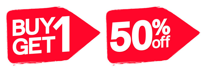 Sale banners design template, discount tags, buy 1 get 1 free, 50% off, vector illustration