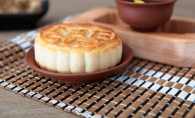 Close-up of a Mid-Autumn Festival moon cake on a plate