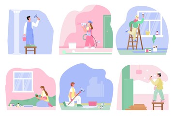 Set of male and female house painters with paint and professional equipment painting the walls. Construction, remodel, repair or renovation of housing. Flat vector illustrations.