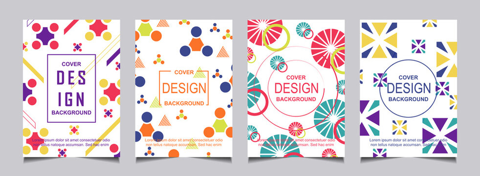 Set of collection minimal cover a4 geometric background with hipster and memphis pattern shapes composition. Bauhaus 80s and 90s fun Retro style vector layout for use poster, magazine, flyer, annual