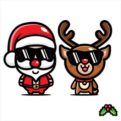 cute santa claus and santa reindeer characters wearing glasses