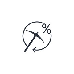 Pickaxe, rotation arrow and percent sign. Do a job or a financial transaction, get an incentive interest and repeat again. Economic strategy. Vector linear icon isolated on white background.