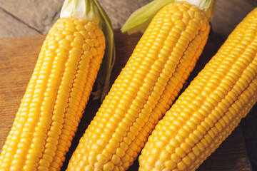 Fresh corn cobs on wooden background