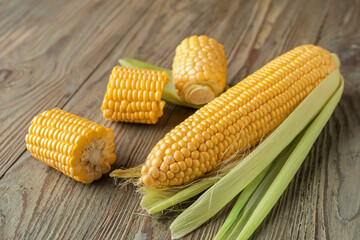 Fresh corn cobs on wooden background