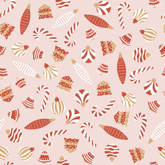 Christmas seamless pattern on a pink background. Funny and cute toys, candy canes, Christmas trees. Vector illustration for holiday cards, gift wrapping, textiles. Red and white background.