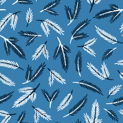Christmas seamless pattern. Blue and white spruce branches. Cozy and cute illustration for textiles, packaging, cards, banners. Festive background.