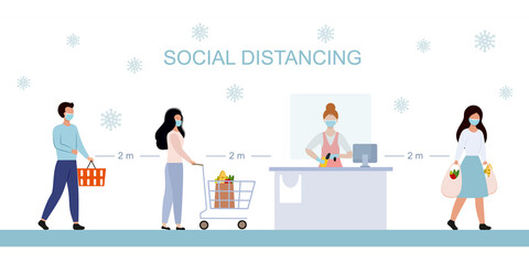 Social distancing in the supermarket. Banner warning about the spread of the NCOV-19 coronavirus. The distance between people is 2 meters. Vector flat character. Masked men in the store.