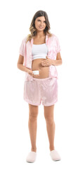 Beautiful pregnant woman with cream on white background
