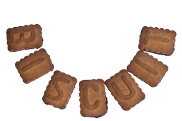 On white clipping background word BISCUIT laid out from cookies