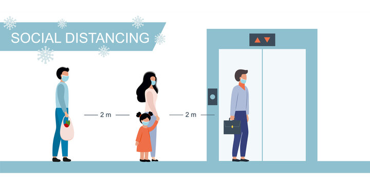 Masked people stand near the Elevator and observe social distancing. Precautionary measures against the spread of the COVID-19 virus. Vector flat character.