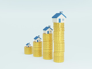 Fototapeta premium 3D of stack coins and house. Savings money or investing to buy a home or loan. Concept of Investment property.