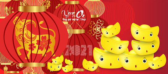 Happy Chinese New Year 2021 Background with chinese gold ingots and Lanterns