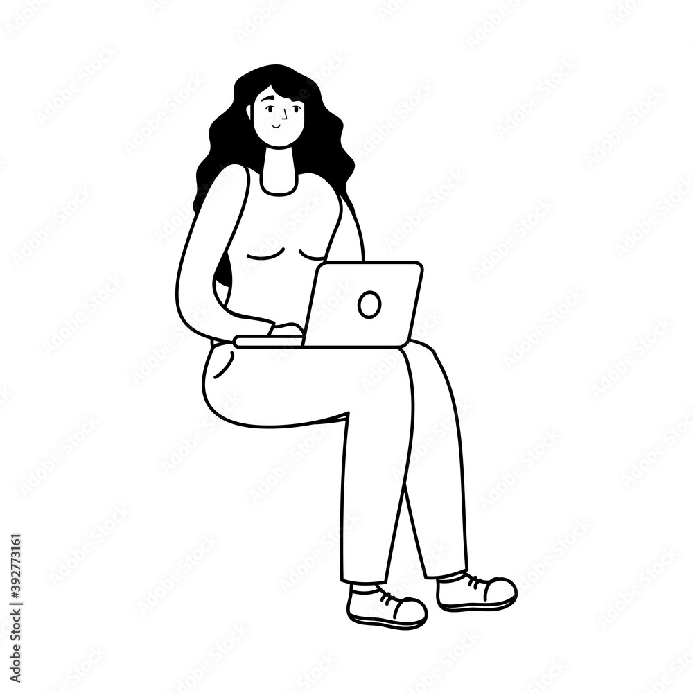 Sticker young woman seated using laptop line style icon