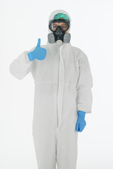 scientist in PPE with gas mask for protection of air pollution and bioharzard