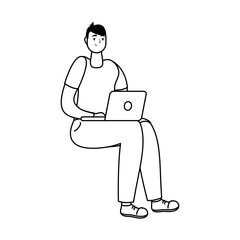 young man seated using laptop technology line style