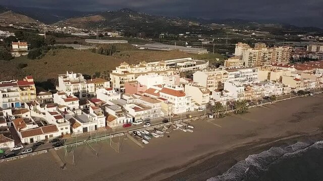 Axarquia beach in Costa del Sol, M&aacute;laga, Andalusia, Spain. Aerial view of the shore and houses