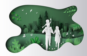 A family enjoy fresh air in the park with a city background, save the planet and energy concept, paper art, and craft style.