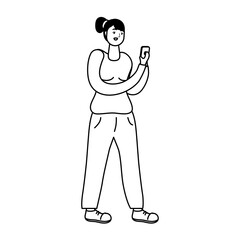 young woman using smartphone technology line style icon