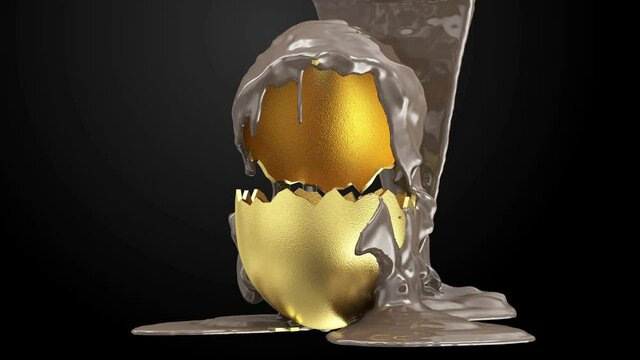 Milk Chocolate is Poured on a Broken Golden Easter Egg on black background. Happy Easter Concep