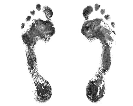 Black human footprint white background isolated close up, adult foot print pattern illustration, barefoot footstep silhouette mark, two messy bare feet painted stamp, ink drawing imprint, sign, symbol