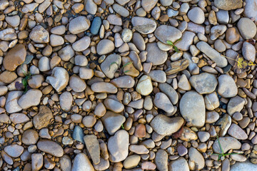 Natural river stony bottom, shallow riverbed during autumn weather on a Sunny day in a mountainous area.