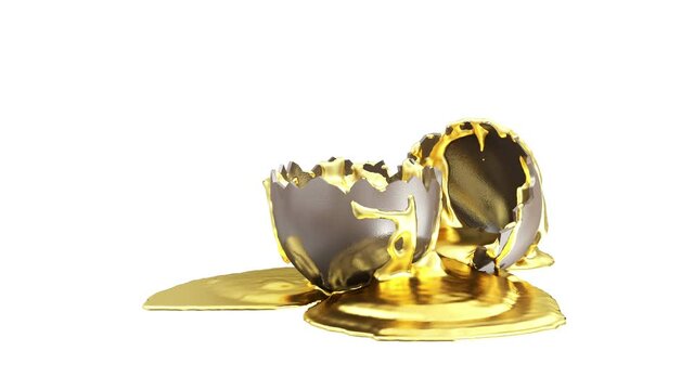 Shiny Melt Gold is Poured on a Broken Chocolate Easter Egg on white and Green Screen or Chroma Key background. Happy Easter Concep