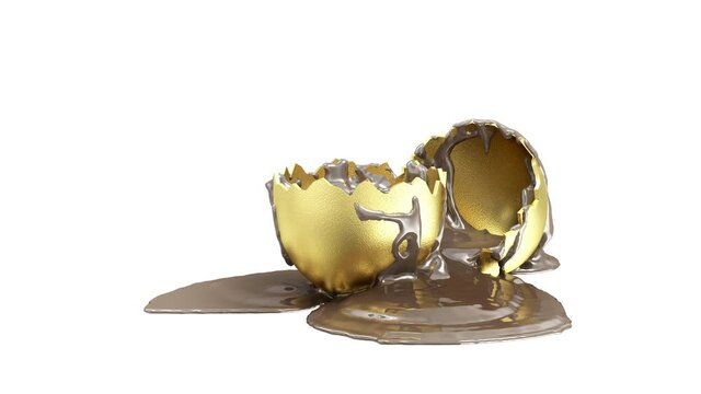 Milk Chocolate is Poured on a Broken Golden Easter Egg on white and Green Screen background