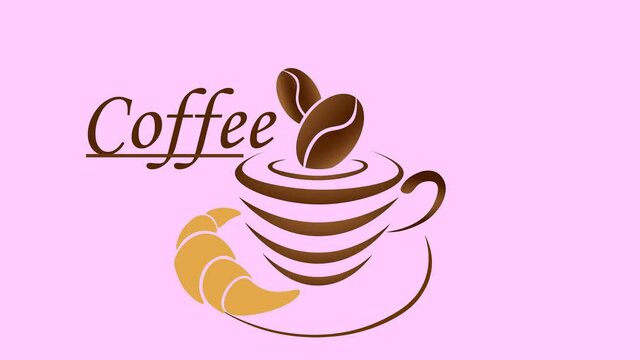 animated logo coffee time cups and coffee beans with croissant