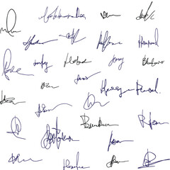 Handwritten signatures, signature icons set, fictitious autograph, isolated on white background, vector graphic. - obrazy, fototapety, plakaty