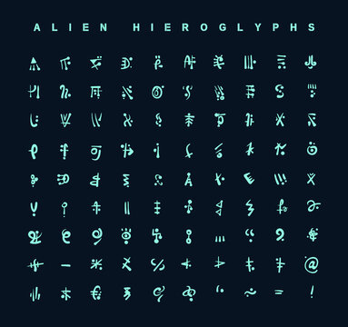 Alien hieroglyphs symbols. Design for stickers, logo, web and mobile app. Isolated vector illustration.