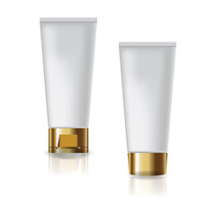 2 white cosmetic tube with gold cap and screw lid for beauty or healthy product.