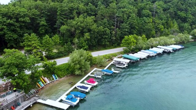 A boat launch filmed from the air.