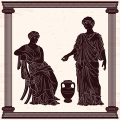 Fototapeta premium Two ancient Greek women in tunics talk near a jug of wine.
