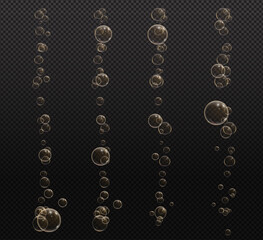 Gold fizzy bubbles. Sparkles champagne. Fizzy pop and effervescent drink. Abstract fresh soda and air bubbles, oxygen, champagne crystal. Vector illustration on black transparent background.