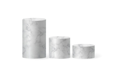 Marble cylinder podium scene, winner pedestal. White marble cylinder template for showroom podium scene. Vector white pedestal for product presentation.