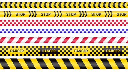 Police tape, crime danger line. Caution police lines isolated. Warning barricade tapes. Set of warning ribbons. Vector illustration on white background.