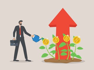 Arrows business growth, Arrow up, business and financial market return to normal and growing. businessman watering coin flowers and arrows up, business success.