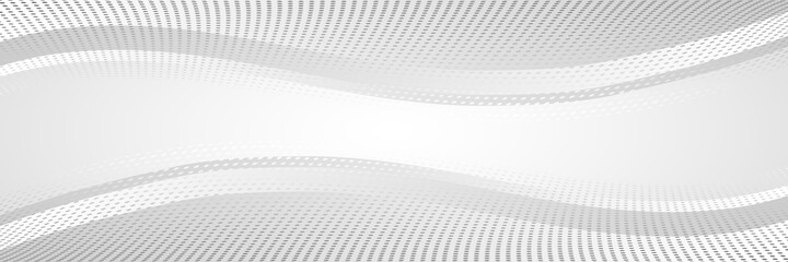 Abstract gray background, banner. Wavy shapes, halftone dots.	