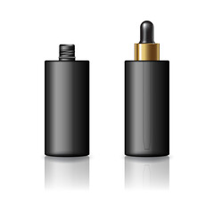Blank black cylinder cosmetic bottle with black-gold dropper lid product mockup template.