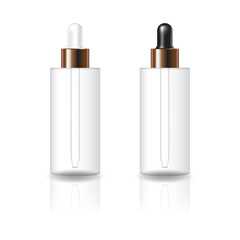 Blank clear cylinder cosmetic bottle with white and black-copper dropper lid mockup template.