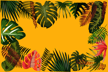 Fototapeta na wymiar summer tropical leaves background on yellow background