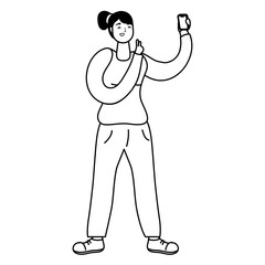 young woman using smartphone technology line style icon