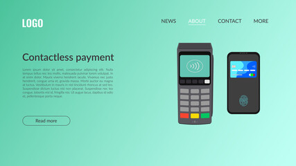 The concept of a bank pos terminal for paying for services using a card, phone, including contactless payment. Acquiring. Vector banner isometric 3d illustration, on a blue background. Copyspace.