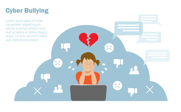 Cyber bullying, negative criticism, hate speech concept. Little girl crying in front of computer when seeing hate speech from online social network. Vector ILlustration. 