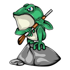 The soldier green frog holding the shoot gun and standing on the big stone