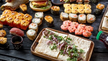 cover for the menu of a Japanese and Caucasian cuisine restaurant: sushi, rolls, sashimi, shawarma, burgers, kebabs, drinks