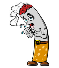 The burning cigarette is coughing because of  the emitting some on his head