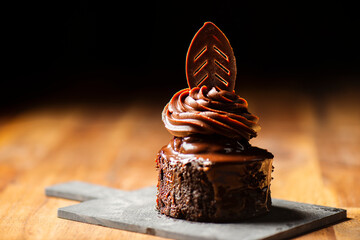 Delicious Mini Dark Chocolate Mudcake, food background.