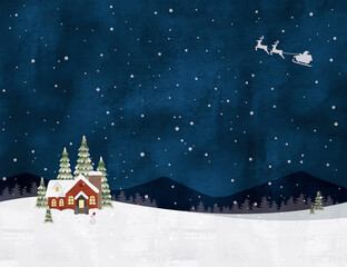 Fototapeta na wymiar クリスマスの家と雪水彩